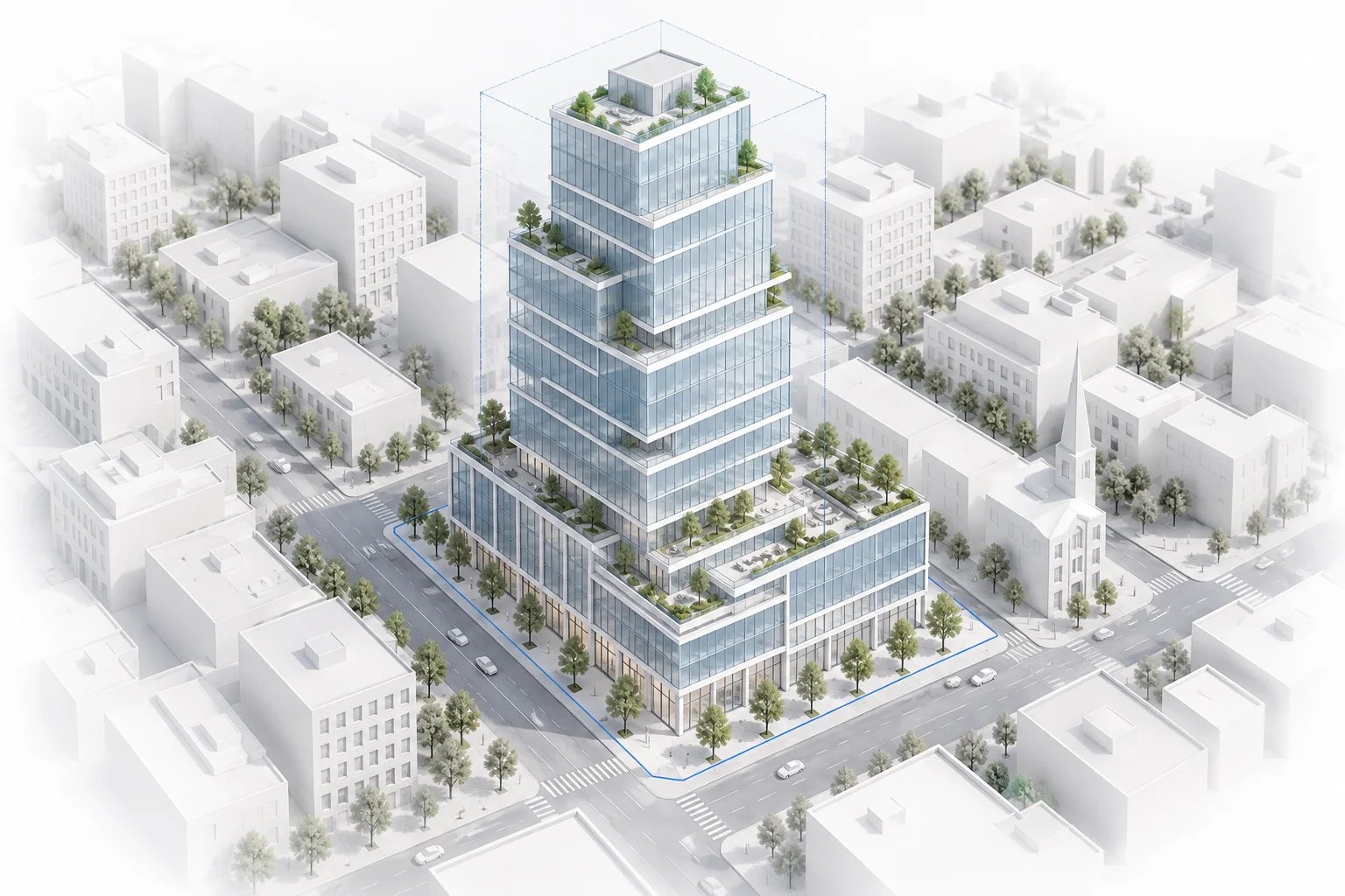 Conceptual stepped massing model in a white city context