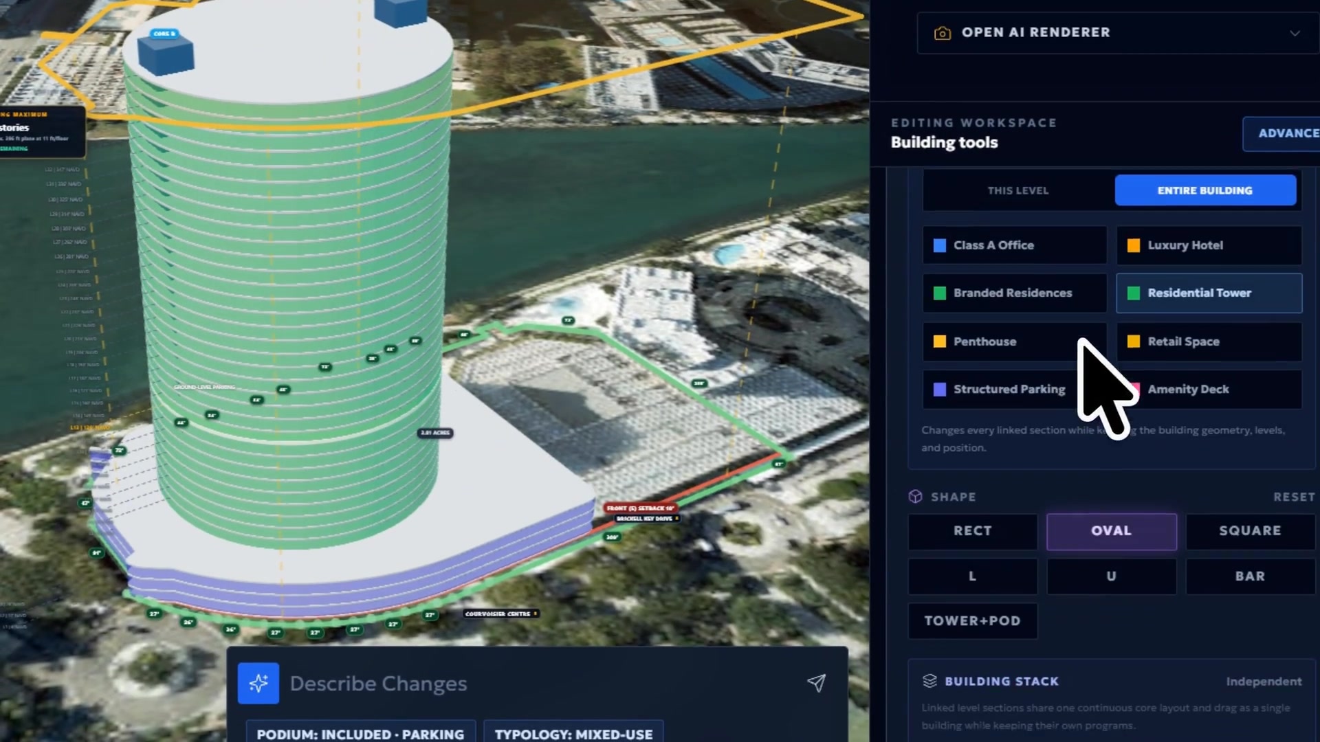 DARCH building tools editing a tower and podium massing with program options