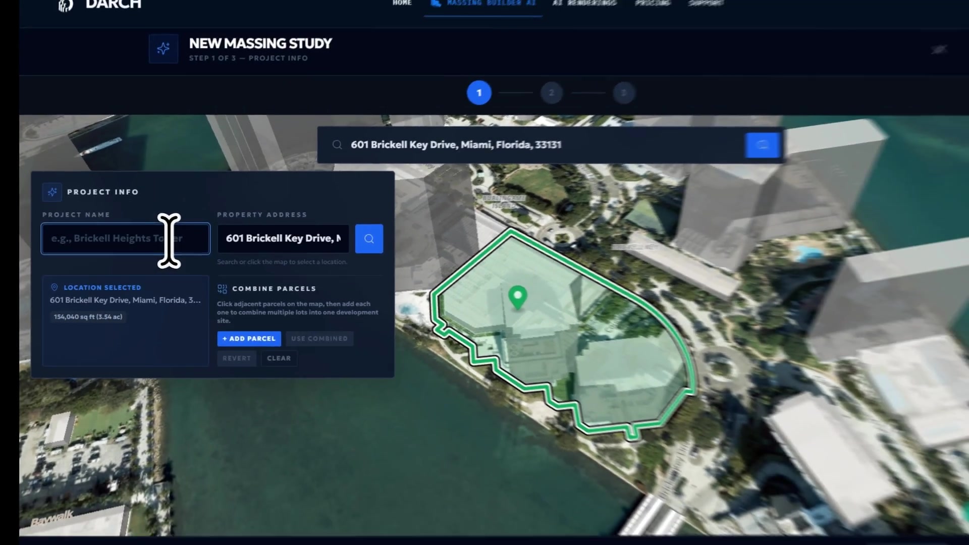 DARCH new massing study screen with a selected parcel outlined on an aerial map